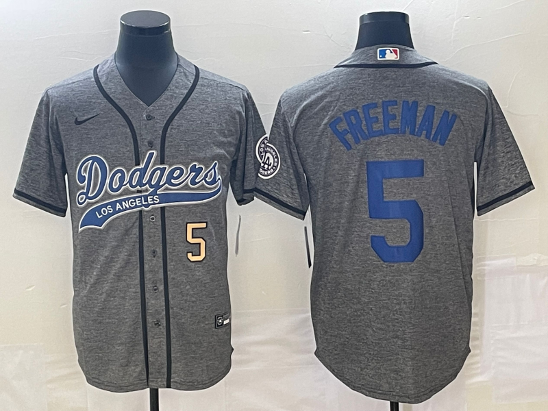 Men's Los Angeles Dodgers #5 Freddie Freeman Number Grey Gridiron Cool Base Stitched Baseball Jersey