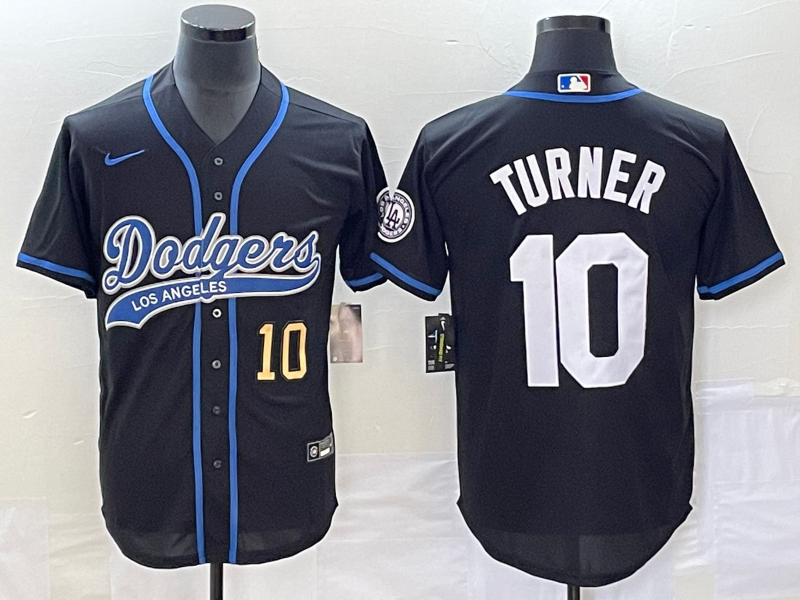 Men's Los Angeles Dodgers #10 Justin Turner Number Black With Patch Cool Base Stitched Baseball Jers - Click Image to Close