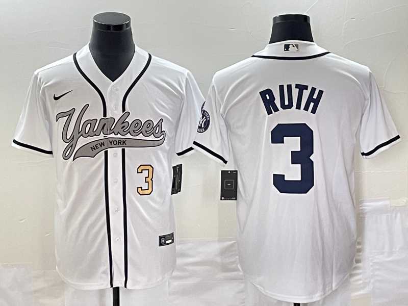 Men's New York Yankees #3 Babe Ruth Number White With Patch Cool Base Stitched Baseball Jersey