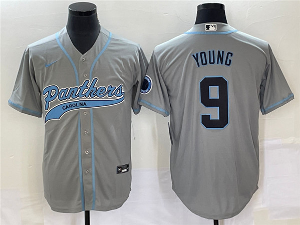 Men's Carolina Panthers #9 Bryce Young Gray With Patch Cool Base Stitched Baseball Jersey - Click Image to Close