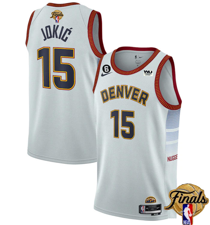 Men's Denver Nuggets #15 Nikola Jokic White 2023 Finals Icon Edition With NO.6 Patch Stitched Basket