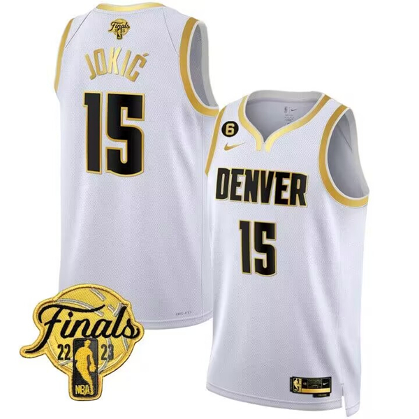 Men's Denver Nuggets #15 Nikola Jokic White 2023 Finals Collection With NO.6 Patch Stitched Basketba