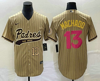 Men's San Diego Padres #13 Manny Machado Number Tan Pinstripe 2023 City Connect Cool Base Stitched J
