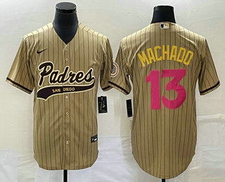 Men's San Diego Padres #13 Manny Machado Tan Pinstripe 2023 City Connect Cool Base Stitched Jersey