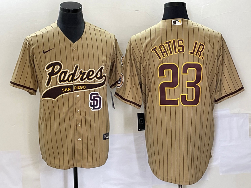 Men's San Diego Padres #23 Fernando Tatis Jr Tan NEW 2023 Cool Base Stitched Jersey - Click Image to Close