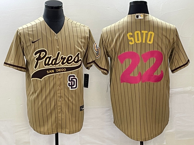 Men's San Diego Padres #22 Juan Soto Tan Pinstripe 2023 City Connect Cool Base Stitched Jersey