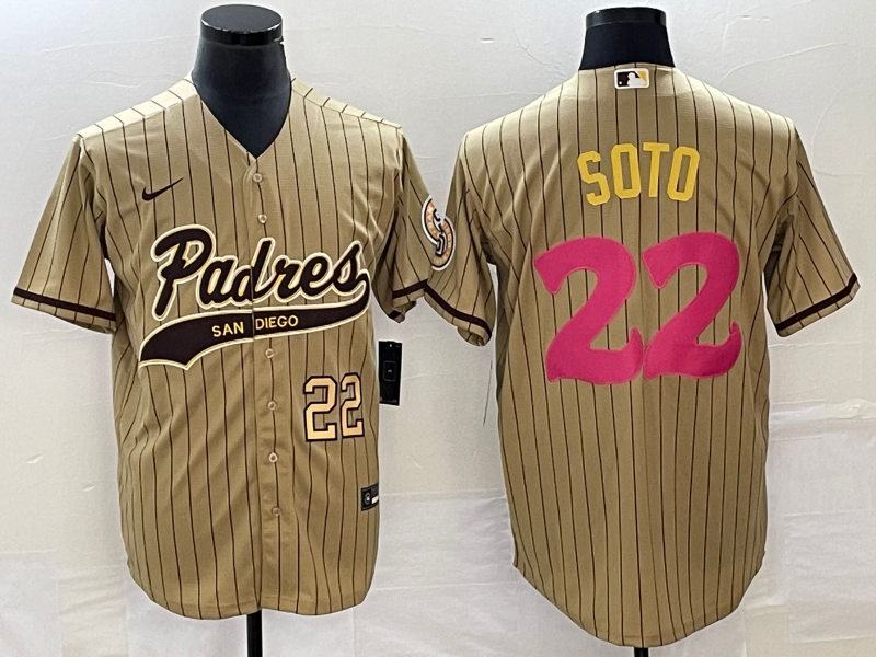 Men's San Diego Padres #22 Juan Soto Number Tan Pinstripe 2023 City Connect Cool Base Stitched Jerse