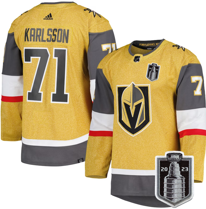 Men's Vegas Golden Knights #71 William Karlsson Gold 2023 Stanley Cup Final Stitched Jersey