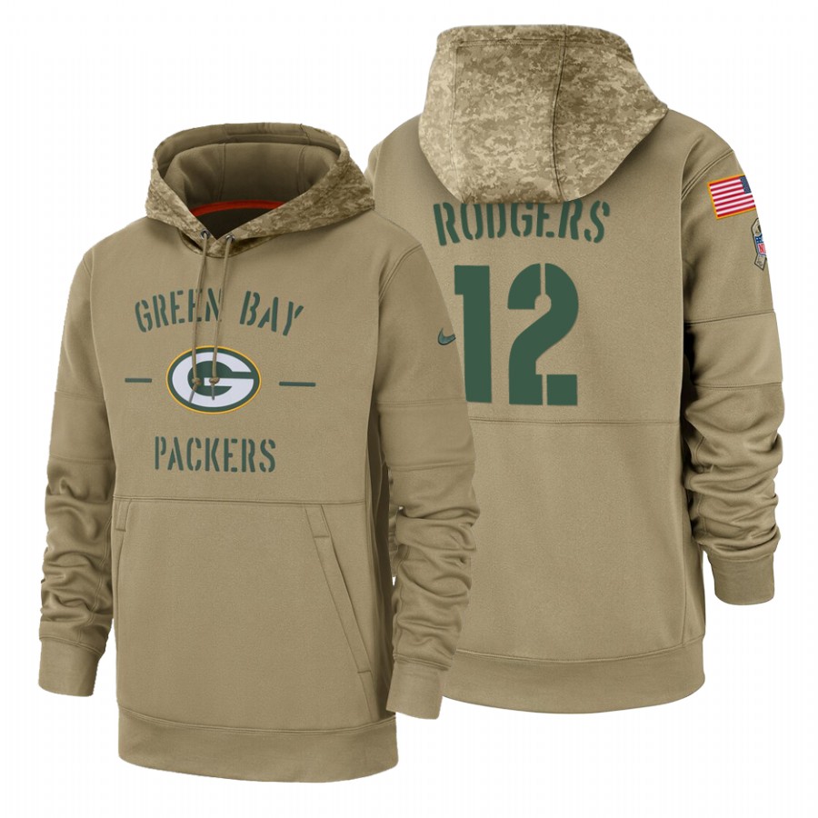Green Bay Packers #12 Aaron Rodgers Nike Tan 2019 Salute To Service Name & Number Sideline Therma Pu