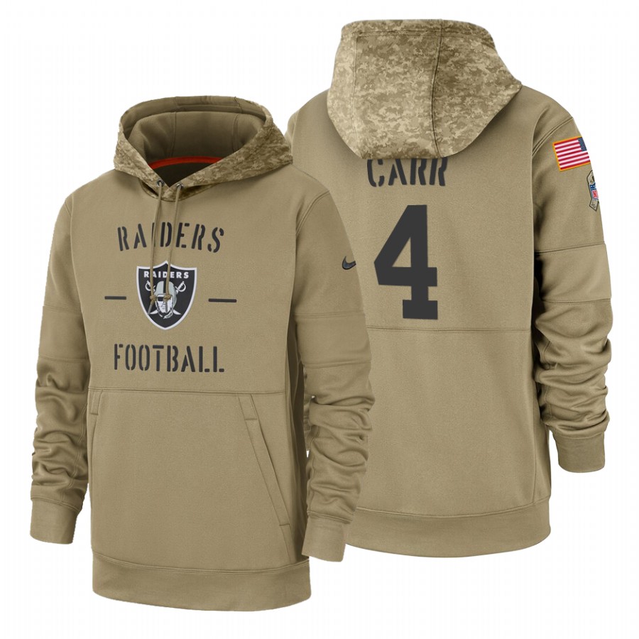 Oakland Raiders #4 Derek Carr Nike Tan 2019 Salute To Service Name & Number Sideline Therma Pullover