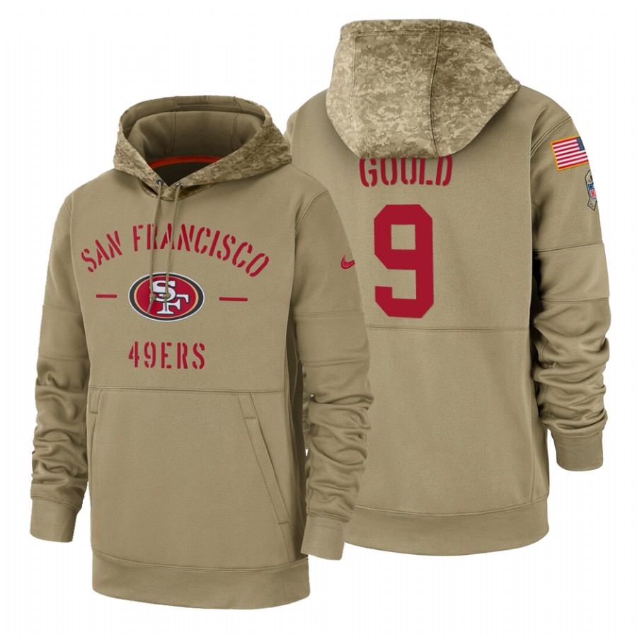 San Francisco 49ers #9 Robbie Gould Nike Tan 2019 Salute To Service Name & Number Sideline Therma Pu