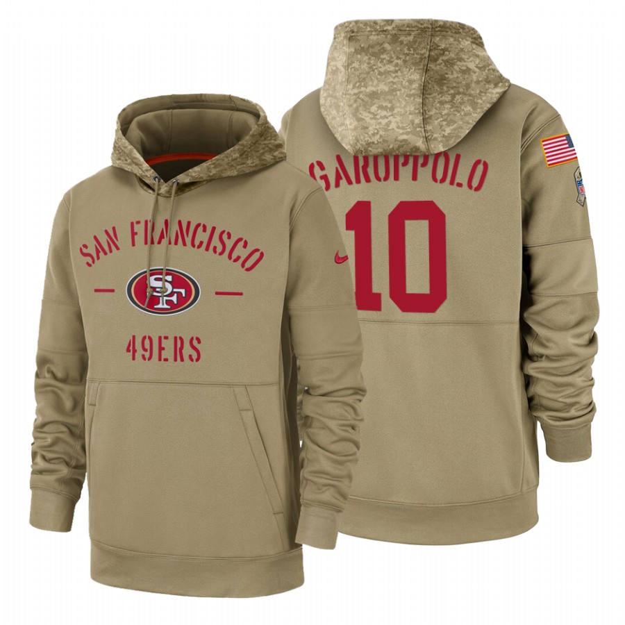San Francisco 49ers #10 Jimmy Garoppolo Nike Tan 2019 Salute To Service Name & Number Sideline Therm