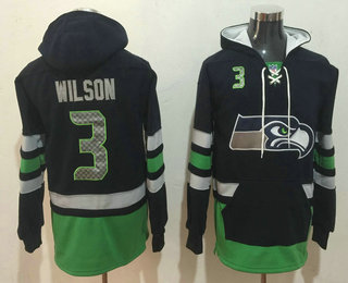 Seattle Seahawks #3 Russell Wilson NEW Navy Blue Pocket Stitched Pullover Hoodie