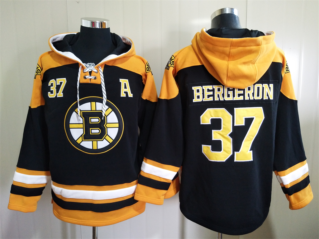 Boston Bruins #37 Patrice Bergeron Black Ageless Must Have Lace Up Pullover Hoodie