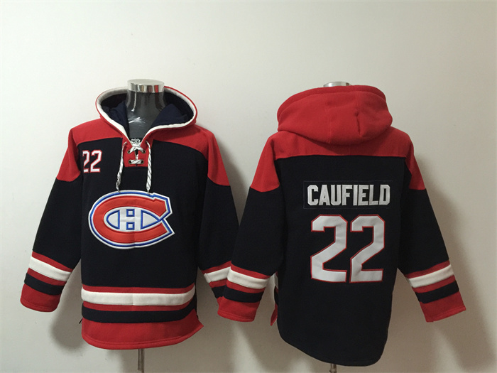 Montreal Canadiens #22 Cole Caufield Navy Red Lace-Up Pullover Hoodie