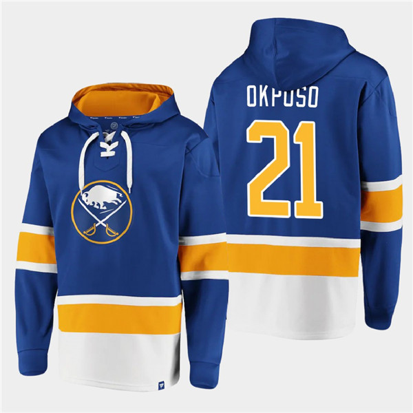 Buffalo Sabres #21 Kyle Okposo Royal Ageless Must-Have Lace-Up Pullover Hoodie
