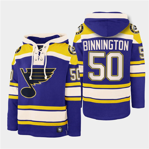 St. Louis Blues #50 Jordan Binnington Blue Ageless Must-Have Lace-Up Pullover Hoodie