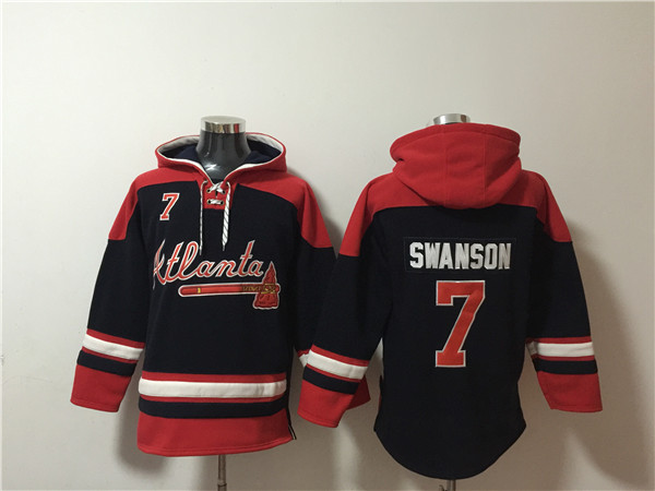 Atlanta Braves #7 Dansby Swanson Navy Red Ageless Must-Have Lace-Up Pullover Hoodie
