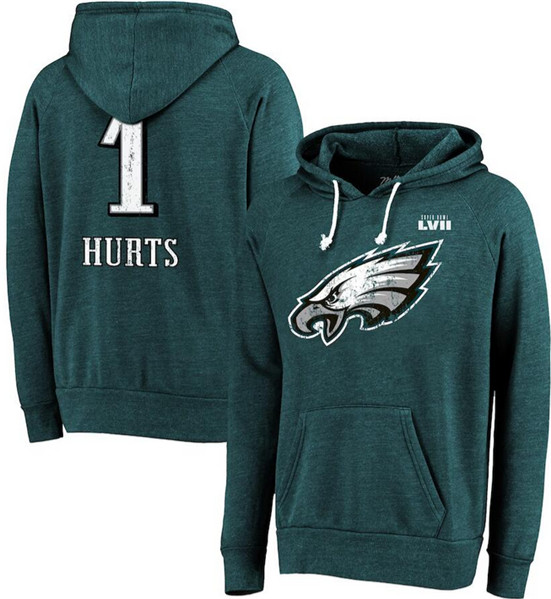 Philadelphia Eagles #1 Jalen Hurts Midnight Green Super Bowl LVII Name & Number Pullover Hoodie