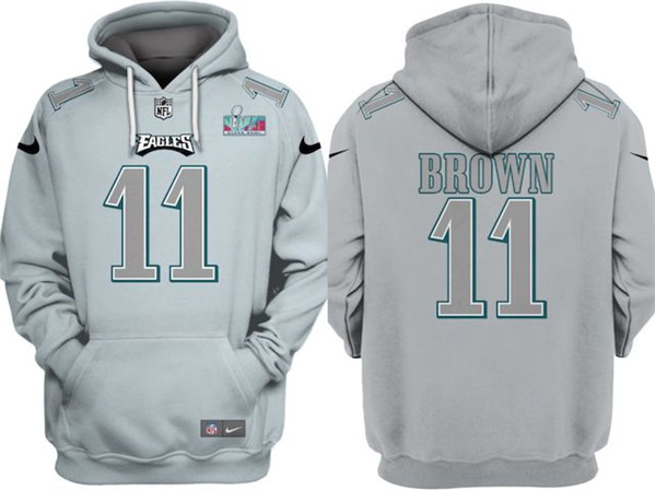 Philadelphia Eagles #11 A.J. Brown Gray Atmosphere Fashion Super Bowl LVII Patch Pullover Hoodie