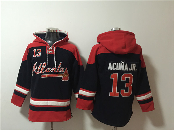 Atlanta Braves #13 Ronald Acuña Jr. Navy Red Ageless Must-Have Lace-Up Pullover Hoodie