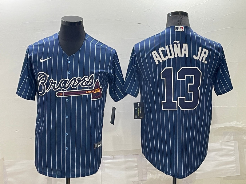 Atlanta Braves #13 Ronald Acuna Jr Navy Blue Pinstripe Stitched MLB Cool Base Nike Jersey