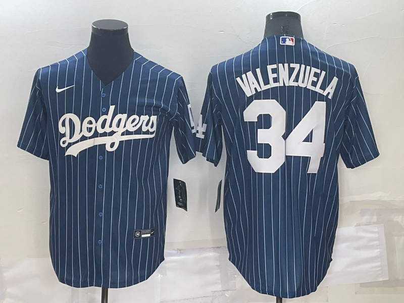 Los Angeles Dodgers #34 Fernando Valenzuela Navy Blue Pinstripe Stitched MLB Cool Base Nike Jersey