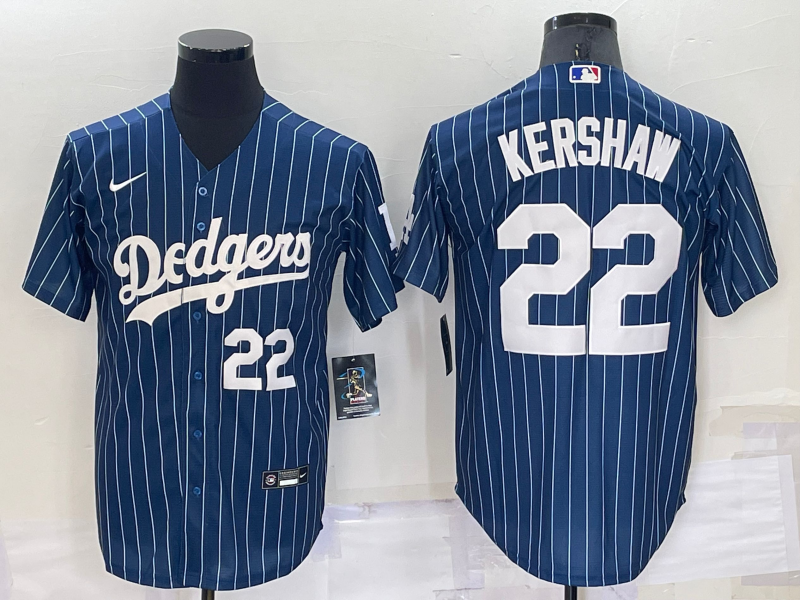 Los Angeles Dodgers #22 Clayton Kershaw Number Navy Blue Pinstripe Stitched MLB Cool Base Nike Jerse