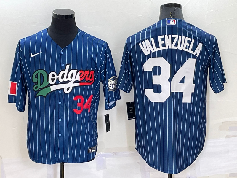 Los Angeles Dodgers #34 Fernando Valenzuela Number Navy Blue Pinstripe 2020 World Series Cool Base N