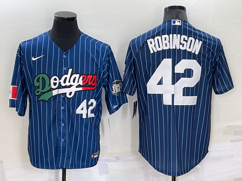 Los Angeles Dodgers #42 Jackie Robinson Number Navy Blue Pinstripe 2020 World Series Cool Base Nike - Click Image to Close