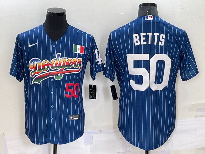 Los Angeles Dodgers #50 Mookie Betts Number Rainbow Blue Red Pinstripe Mexico Cool Base Nike Jersey