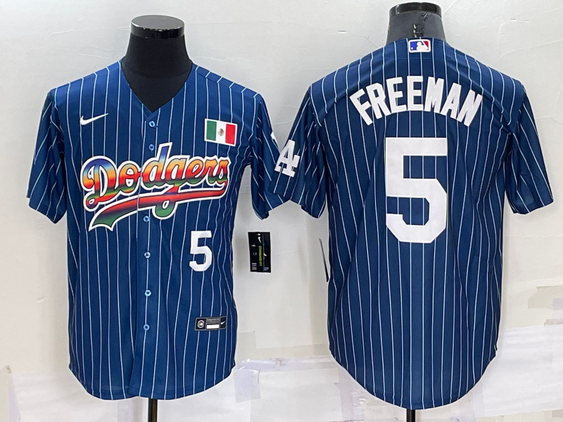 Los Angeles Dodgers #5 Freddie Freeman Number Rainbow Blue Red Pinstripe Mexico Cool Base Nike Jerse