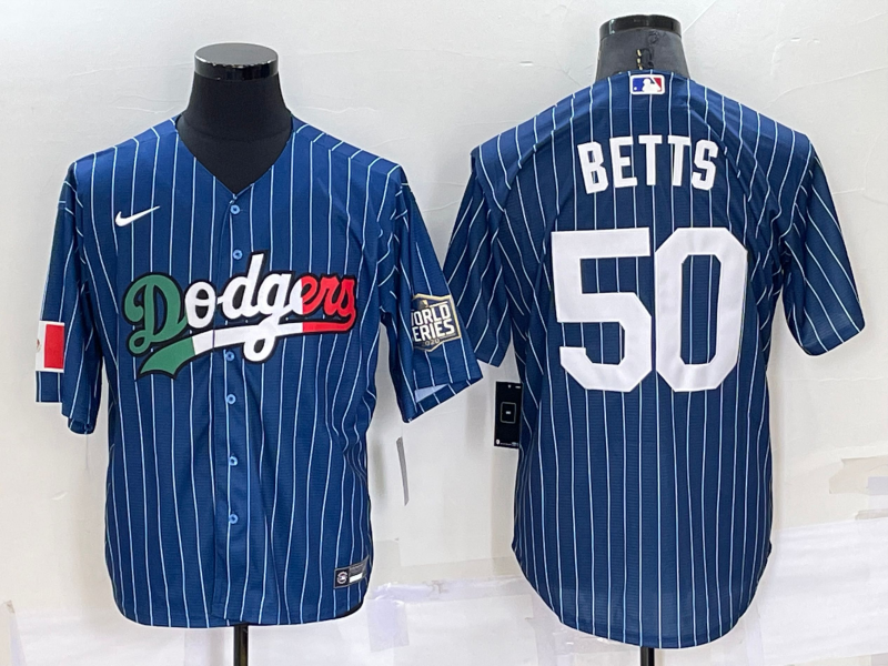 Los Angeles Dodgers #50 Mookie Betts Navy Blue Pinstripe 2020 World Series Cool Base Nike Jersey