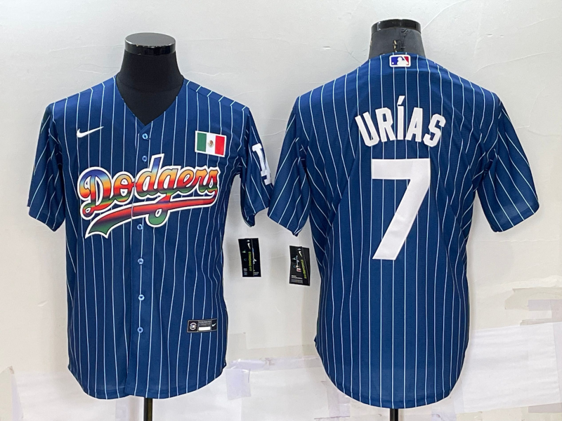 Los Angeles Dodgers #7 Julio Urias Rainbow Navy Blue Pinstripe Mexico Cool Base Nike Jersey