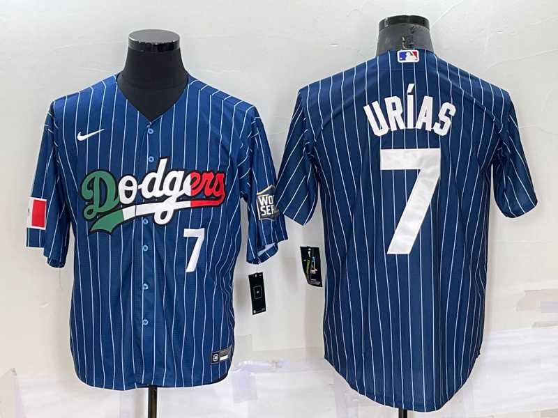 Los Angeles Dodgers #7 Julio Urias Number Navy Blue Pinstripe 2020 World Series Cool Base Nike Jerse