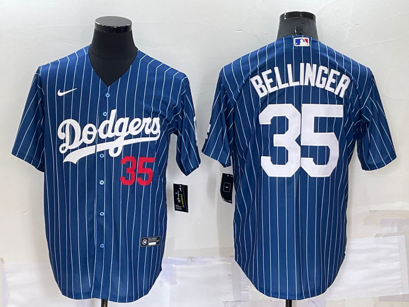 Los Angeles Dodgers #35 Cody Bellinger Number Red Navy Blue Pinstripe Stitched MLB Cool Base Nike Je