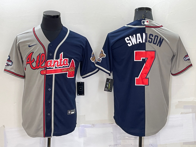 Atlanta Braves #7 Dansby Swanson Grey Navy Blue Two Tone Stitched Nike Jersey