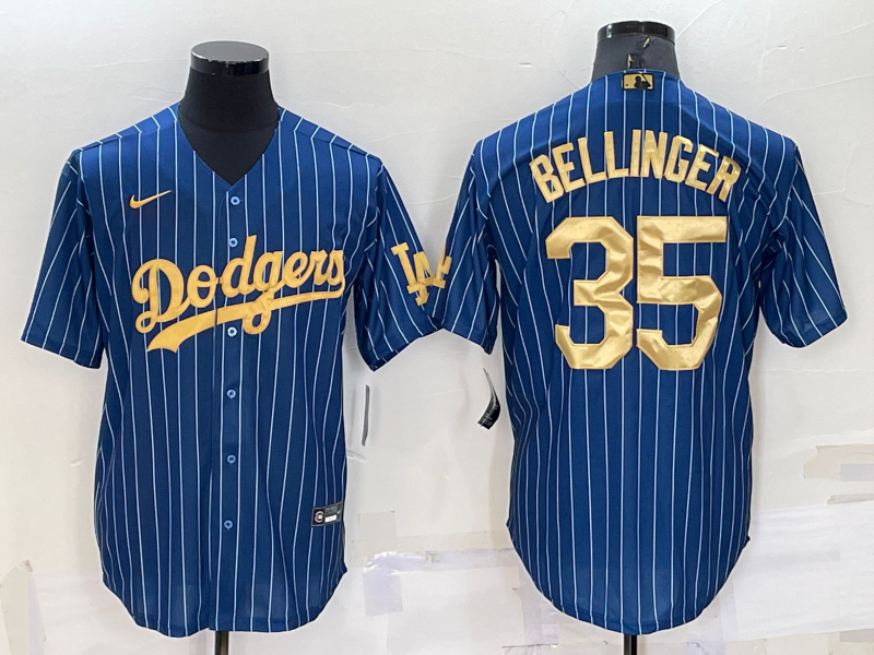 Los Angeles Dodgers #35 Cody Bellinger Navy Blue Gold Pinstripe Stitched MLB Cool Base Nike Jersey