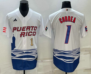 Puerto Rico Baseball Team #1 Carlos Correa Number White 2023 World Baseball Classic Stitched Jerseys