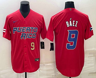 Puerto Rico Baseball Team #9 Javier Baez Number 2023 Red World Baseball Classic Stitched Jerseys