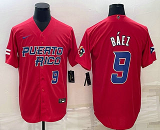 Puerto Rico Baseball Team #9 Javier Baez Number 2023 Red World Baseball Classic Stitched Jersey