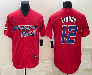 Puerto Rico Baseball Team #12 Francisco Lindor 2023 Red World Baseball Classic Stitched Jerseys