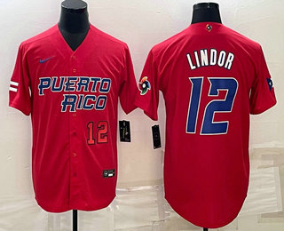 Puerto Rico Baseball Team #12 Francisco Lindor Number 2023 Red World Baseball Classic Stitched Jerse