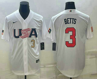USA Baseball Team #3 Mookie Betts Number 2023 White World Baseball Classic Replica Stitched Jersey