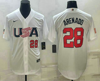 USA Baseball Team #28 Nolan Arenado Number 2023 White World Baseball Classic Replica Stitched Jersey