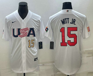 USA Baseball Team #15 Bobby Witt Jr Number 2023 White World Baseball Classic Replica Stitched Jersey