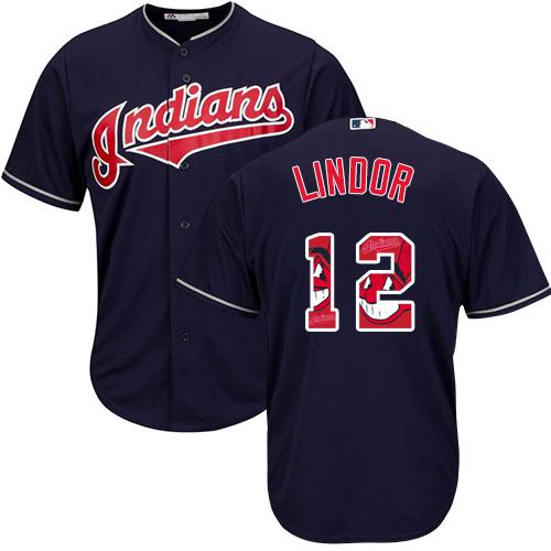 Indians #12 Francisco Lindor Navy Blue Team Logo Fashion Stitched MLB Jersey
