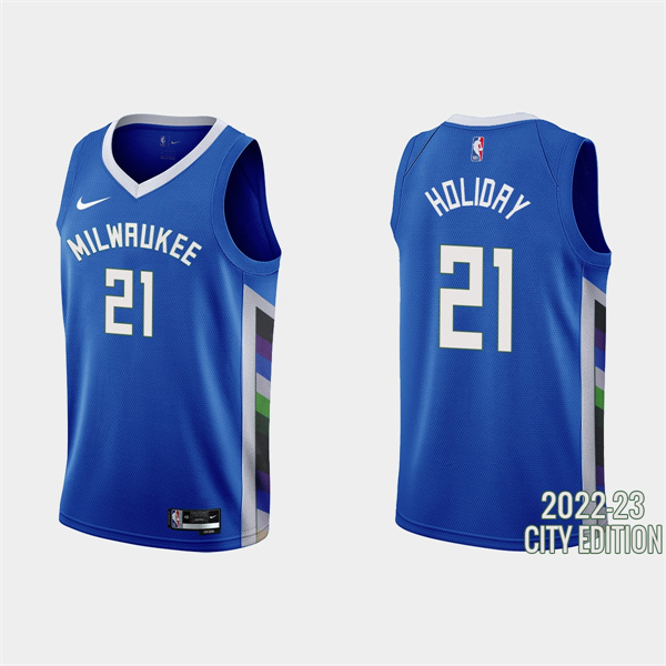 Milwaukee Bucks #21 Jrue Holiday 2022-23 City Edition Blue Stitched Basketball Jersey