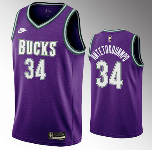 Milwaukee Bucks #34 Giannis Antetokounmpo 2022-23 Purple Classic Edition Swingman Stitched Basketbal