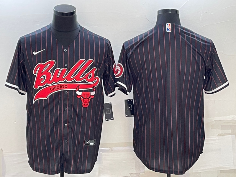 Chicago Bulls Blank Black Pinstripe With Patch Cool Base Stitched Baseball Jersey